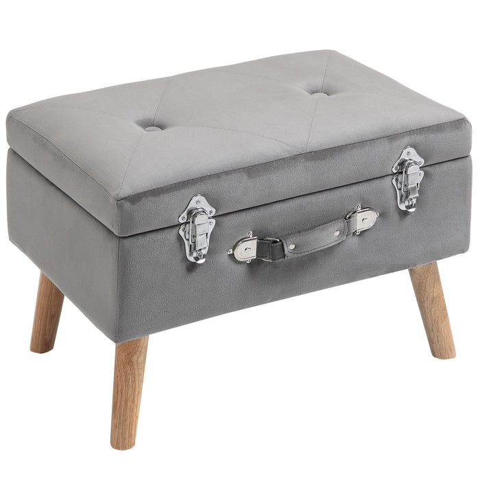 Faux Velvet Upholstered Storage Trunk - Elegant Grey Ottoman with Wooden Legs - Ideal for Home Organization and Comfort Seating