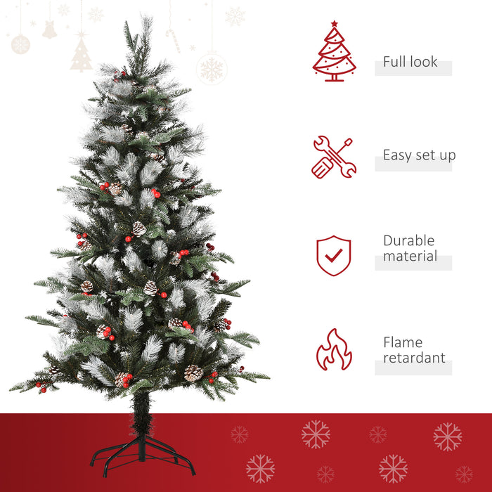 5FT Snow-Dipped Artificial Christmas Pencil Tree - Holiday Home Decor with Foldable Stand, Red Berries & White Pinecones - Ideal for Festive Party Ambiance