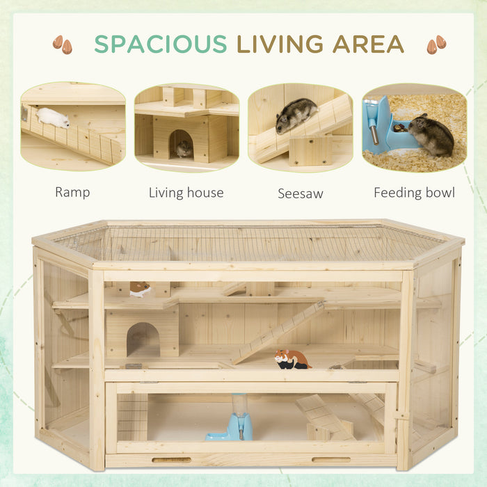 Large Wooden Hamster Habitat - 3-Tier Exercise Playhouse with Slide for Small Animals - Eco-Friendly Natural Activity Center for Mice, Rats, and Hamsters