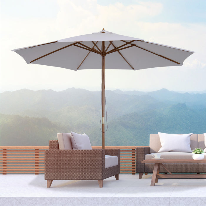 Fir Wooden Parasol with Bamboo Ribs - 3m Garden Umbrella Sun Shade, Cream White Canopy - Ideal for Patio and Outdoor Comfort