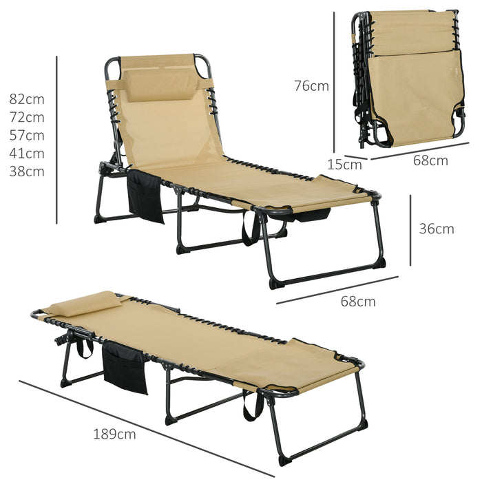 Outdoor Tanning Chair with 5-Level Adjustable Backrest - Sun Lounge with Reading Hole, Side Pocket & Headrest - Ideal for Beach, Yard & Patio Relaxation in Beige