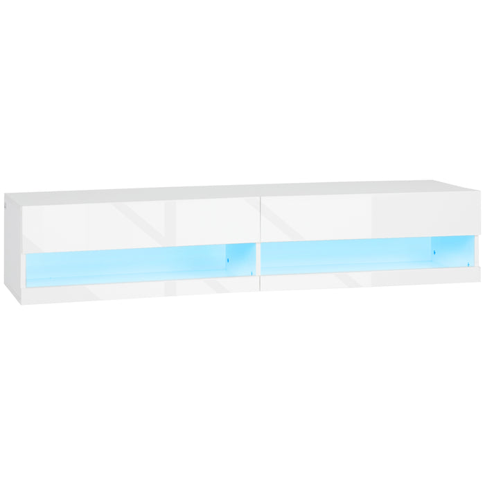 Modern High Gloss White TV Cabinet - Wall Mounted Unit with LED Lights for Up to 65-inch TVs, 150x40x30 cm - Ideal for Contemporary Living Room Ambiance