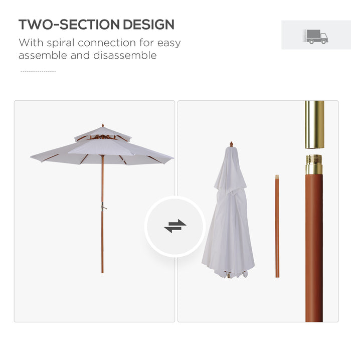 Double Tier 2.7m Patio Umbrella - Cream White Bamboo Garden Parasol with Sunshade - Ideal for Outdoor Relaxation and UV Protection