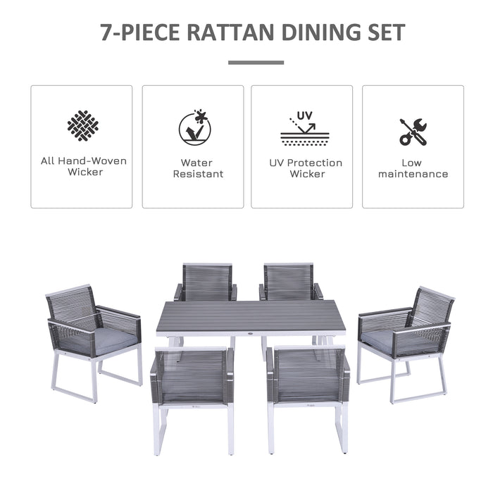 6-Seater Outdoor Rattan Dining Ensemble - PE Rattan Cushioned Chairs with Rectangular Table and Sturdy Box-Shaped Frame in Grey - Ideal for Patio & Garden Entertaining