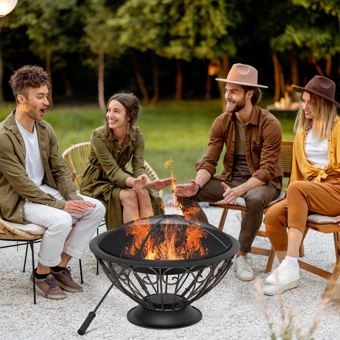 Metal Garden Fire Pit with Accessories - Outdoor Fireplace with Spark Screen, Poker, Log Grate, and Rainproof Cover in Bronze - Ideal Patio Heater for Cozy Evenings