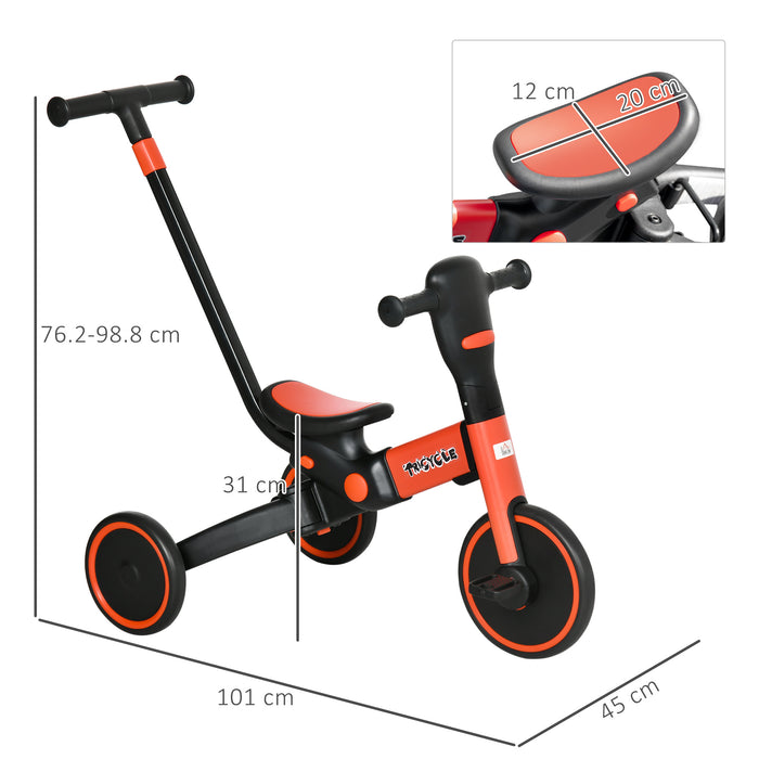 4-in-1 Convertible Kids' Tricycle - Adjustable Push Handle & Detachable Foot Rest for Toddlers - Versatile Riding Toy for Ages 18-60 Months, Red