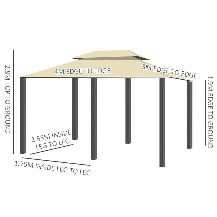 Outdoor Gazebo Canopy Party Tent - 4x3 Meter Pavilion with LED Solar Light, Double Tier Roof & Curtains - Ideal for Garden, Patio Entertainment & Shelter, Steel Frame, Khaki