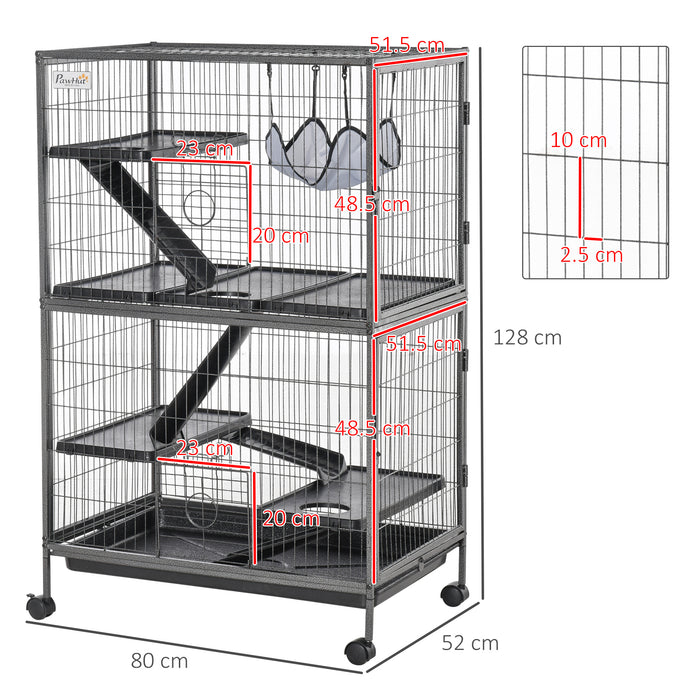 Mobile Small Pet Habitat - Chinchilla, Ferret & Kitten Enclosure with Hammocks and Removable Tray, Silver Grey - Easy Cleaning & Transportation