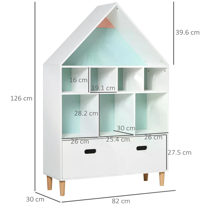 Kids Bookshelf and Storage Chest - Drawer Cubes and Display Stand for Toy Organization - Ideal for Baby Room, 82x30x126cm, White