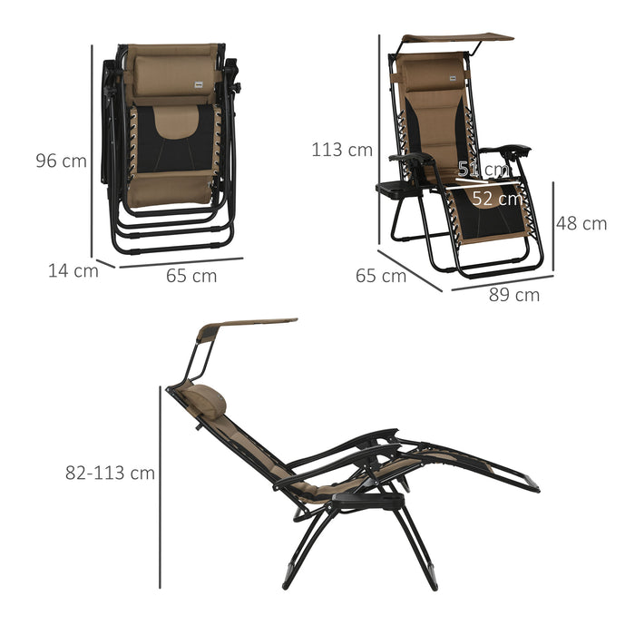 Zero Gravity Recliner - Foldable Patio Lounger with Sunshade, Drink Holder & Pillow - Perfect for Poolside Relaxation and Camping, in Earthy Brown