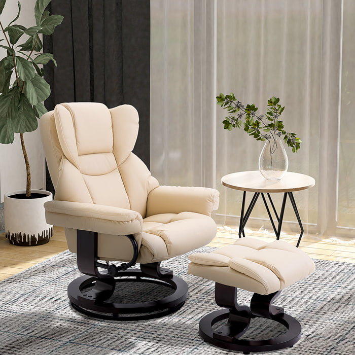 Reclining Swivel Armchair with Footstool - Padded PU Leather Duo, Manual Tilt & 360° Rotation, Cream - Comfortable Sitting Solution for Relaxation & Lounging