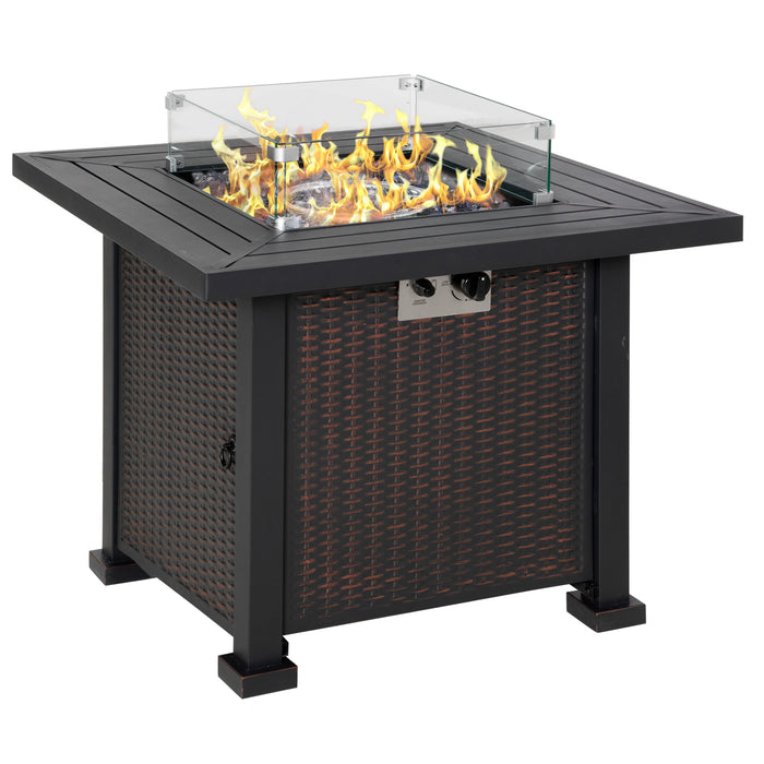 50000 BTU Square Rattan Gas Fire Pit Table - Smokeless Patio Heater with Glass Screen and Lid, Includes Fire Beads - Ideal Outdoor Centerpiece for Entertainment and Warmth