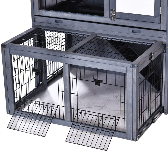 2-Tier Fur Wood Rabbit Hutch - Weatherproof Outdoor Pet Shelter in Grey - Ideal for Bunny Safety and Comfort