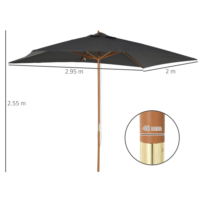 Wooden Garden Parasol - Dark Grey Outdoor Umbrella with Sun Shade Canopy, 2x3m - Ideal for Patio, Deck, and Poolside Relaxation