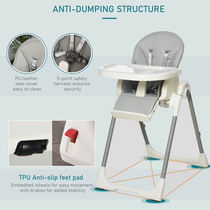 Convertible Baby to Toddler High Chair - Foldable, Height-Adjustable, with 5-Point Harness and Removable Tray - Easy Mobility with Wheels, Ideal for Mealtime and Playtime