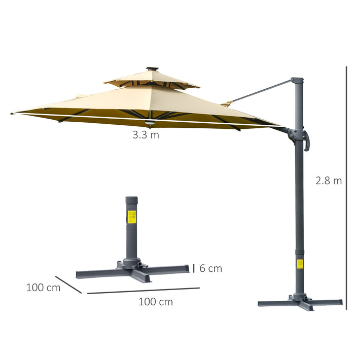 3M Cantilever Parasol with Solar Lights - Adjustable Canopy, 360° Rotation, Power Bank & Cross Base - Outdoor 2-Tier Roof Garden Umbrella for Sun Protection, Khaki