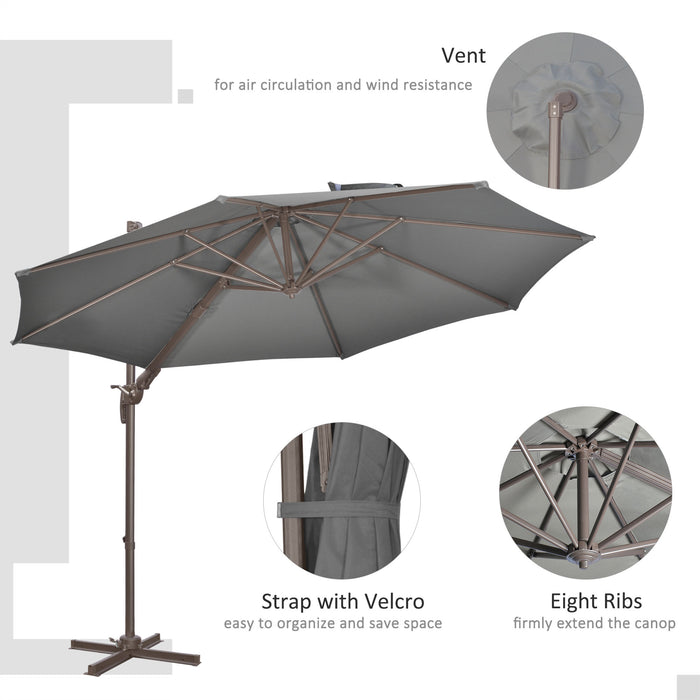 Cantilever Parasol 3M Roma - 360° Rotating Aluminum Frame Umbrella with Tilt Crank, 8 Ribs, Cross Base - Ideal Sun Shade for Outdoor Relaxation, Dark Grey