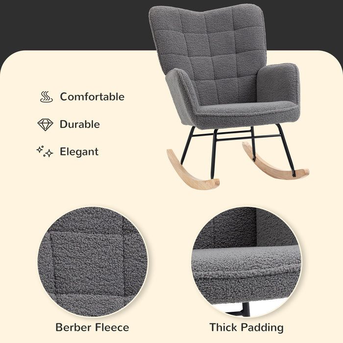 Nursing Rocking Chair with Berber Fleece - Comfortable Wingback Glider for Nursery & Living Room - Soothing Rocker for New Parents, Dark Grey