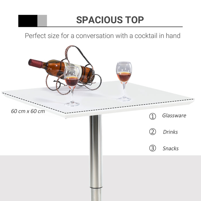 Adjustable Square Bar Table with Sturdy Metal Base - Height-Adaptable Counter Pub Desk for Dining, Entertaining - Ideal for Home Bar, Kitchen Spaces in White