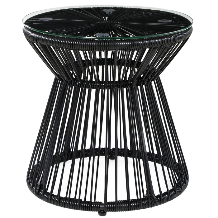 Rattan Round End Table with Glass Top - Hollow Drum Design Side & Coffee Table for Outdoor Spaces - Ideal for Patio, Garden, and Balcony Use