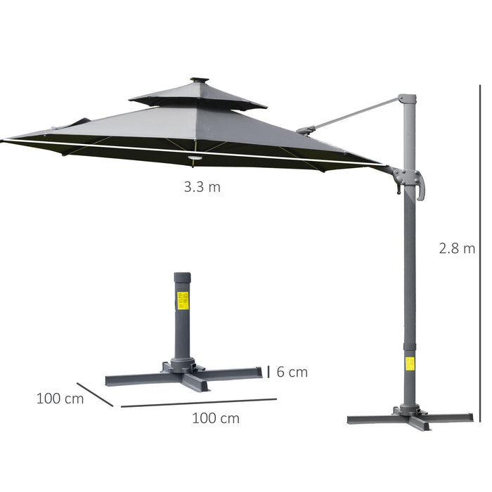 3M Adjustable Cantilever Parasol with Solar Lights - Power Bank, Cross Base, 360° Rotation, 2-Tier Canopy for Garden - Outdoor Sunshade Umbrella for Patio Comfort and Style