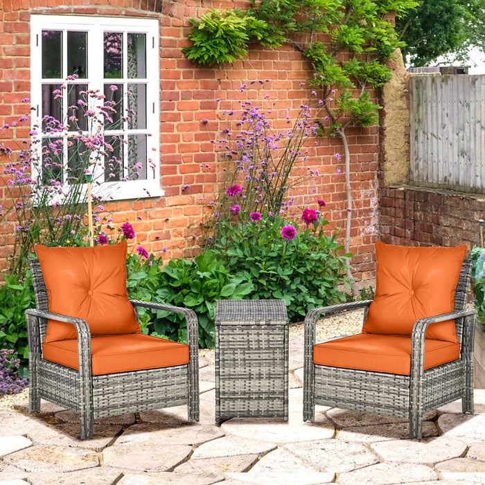 PE Rattan 3-Piece Bistro Patio Set - Wicker Garden Furniture with Storage Table and Orange Cushions, Mixed Grey - Ideal for Conservatory or Outdoor Lounging