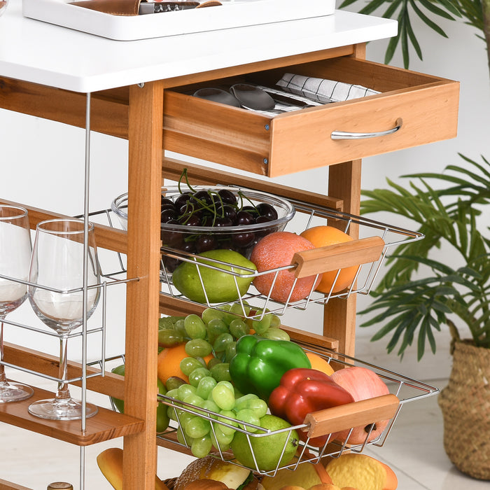 Kitchen Storage Organizer Trolley - 4-Tier Utility Cart with Basket Drawers & Side Racks - Mobile Serving Solution for Dining Room