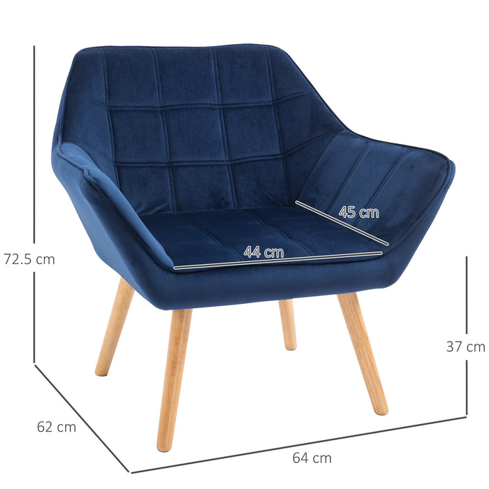 Wide-Armed Accent Armchair with Slanted Back - Padded Lounge Seat on Iron Frame with Wooden Legs - Comfy Bedroom or Living Room Seating in Blue