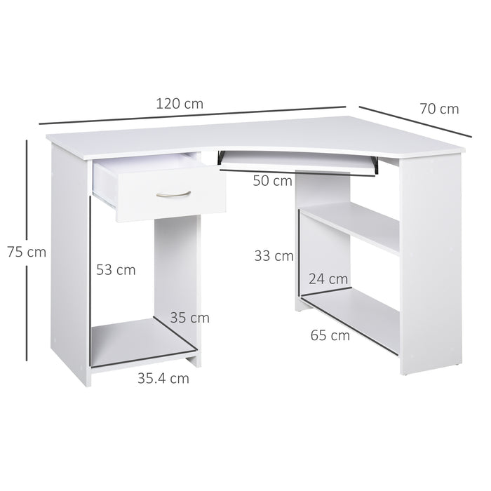 L-Shaped Desk with Keyboard Tray and CPU Stand - White Corner Computer Desk with 2 Shelves & Drawer for Work and Study - Ideal for Home Office and Bedroom Use