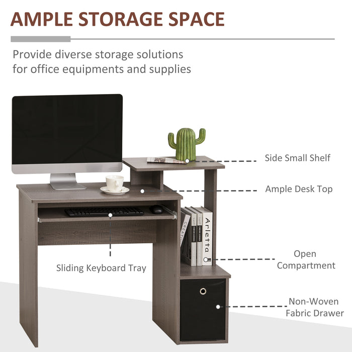 Compact Grey Computer Desk with Sliding Keyboard Tray - Home Office Workstation with Storage Drawer and Shelf - Ideal for Working, Gaming, Studying