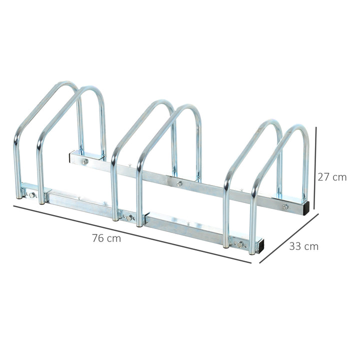 Bicycle Stand Parking Rack - Heavy-Duty Locking Bicycle Storage for Floor or Wall Mount, 76L x 33W x 27H - Ideal for Securing 3 Bikes, Silver Color