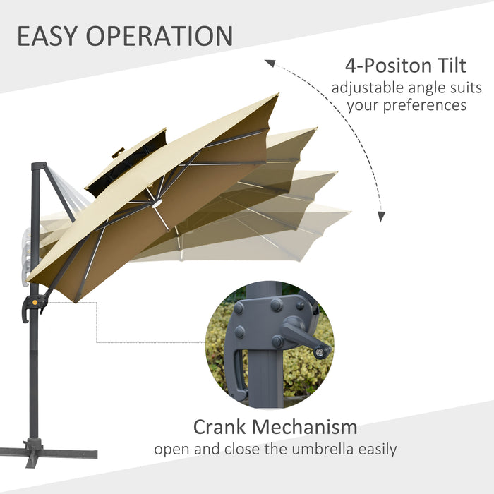 3M Cantilever Roma Parasol - Adjustable Outdoor Umbrella with Solar LED, Tilt, Crank Handle, Cross Base - Ideal Sun Shade for Garden, Patio in Khaki