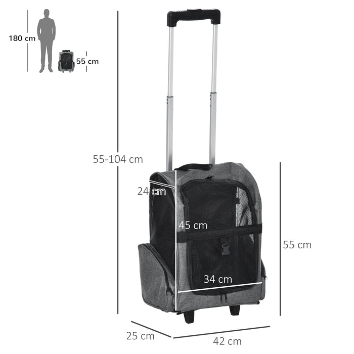 Pet Carry Backpack with Trolley - Dog Travel Bag with Telescopic Handle and Stroller Wheels, Portable Luggage - Ideal for Owners Who Travel with Their Pets