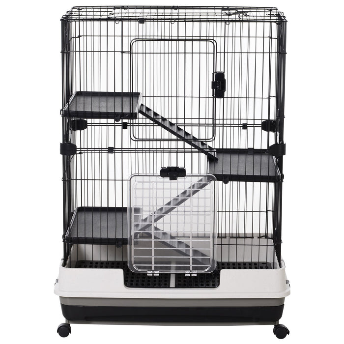 Pet Play House with Platform and Ramp - Small Hutch for Guinea Pigs, Rabbits, Chinchillas with Removable Tray - Ideal for Indoor Pet Comfort in Black and White