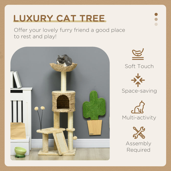 Deluxe Beige Cat Condo - Multilevel Scratching Post Tower with Cozy House, Cushioned Bed & Playful Toy Ball - Perfect Play & Rest Space for Felines