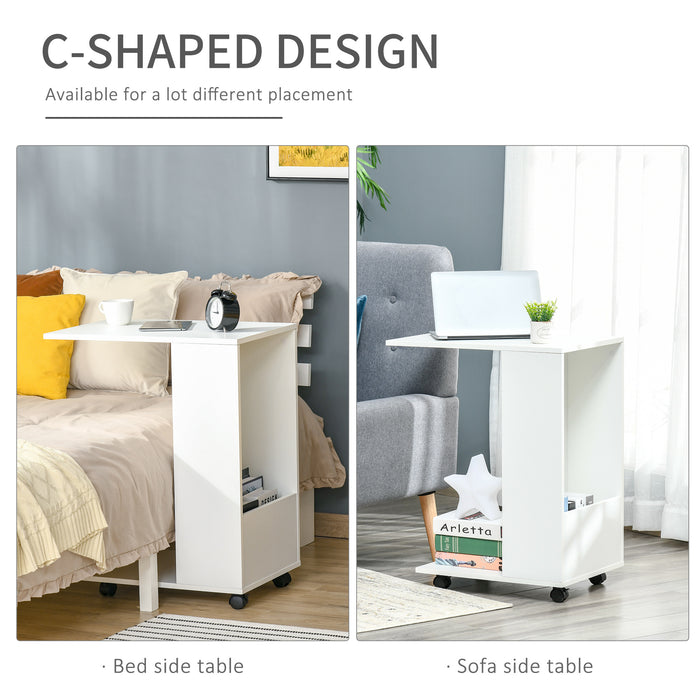 C-Shape Sofa Side Table with Storage - Mobile End Table on Casters for Laptop and Snacks, White - Ideal for Small Spaces and Convenient Living Room Access