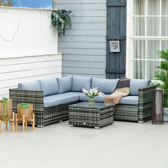 5-Seater Rattan Garden Lounge Set - Wicker Patio and Conservatory Dining Combo with Corner Sofa, Loveseat, and Coffee Table - Cozy Outdoor Seating with Grey Cushions for Families and Entertaining