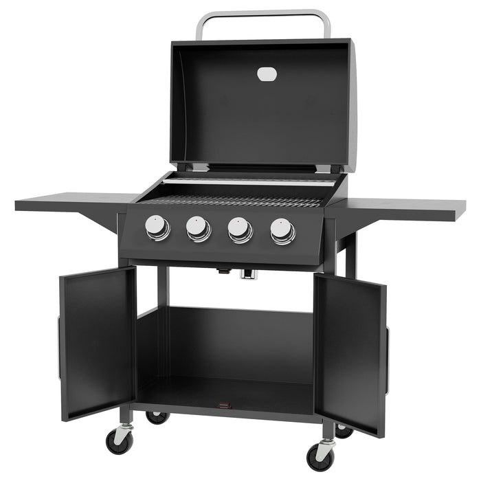 Outdoor Portable 4-Burner Gas BBQ Grill with Warming Rack - Equipped with Side Shelves, Storage Cabinet, Built-In Thermometer - Ideal for Garden Parties and Family Gatherings