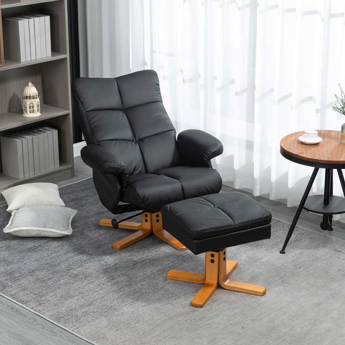 Luxurious Black Faux Leather Recliner Chair with Swivel Function - Comfy Footstool and Built-in Storage, Sturdy Wooden Base - Ideal for Relaxing and Enhancing Any Living Room Space