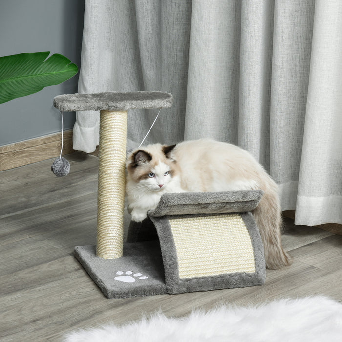 Cat Tree Playground with Sisal Scratching Post - Multi-Level Tower with Rotatable Bar, Tunnel & Dangling Toys for Kittens - Compact Grey Cat Condo for Play & Rest