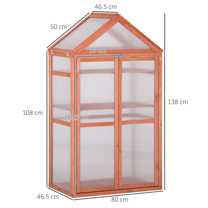 3-Tier Wooden Cold Frame - Polycarbonate Greenhouse with Adjustable Shelves and Double Doors, 80x47x138cm - Ideal for Garden Plant Growth and Protection
