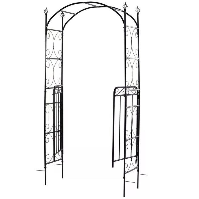 Outdoor Patio Trellis Arbor with Gate - Garden Decorative Metal Arch for Climbing Plants, Antique Black Finish - Ideal for Backyard Entryways and Flower Support, 108L x 45W x 215H cm