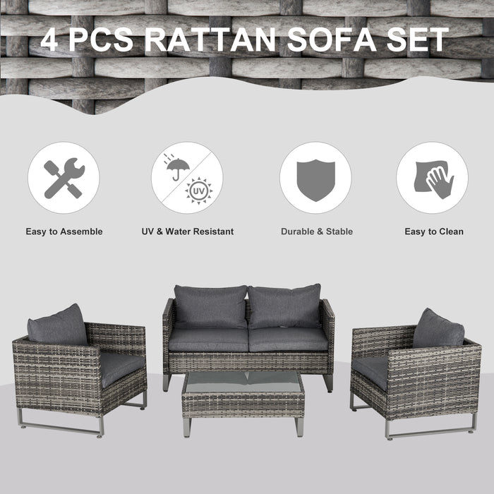 PE Rattan 4-Person Patio Dining Set - Outdoor Wicker Furniture with Glass-Top Table & Cushions - Elegant Deep Grey Garden Seating Solution