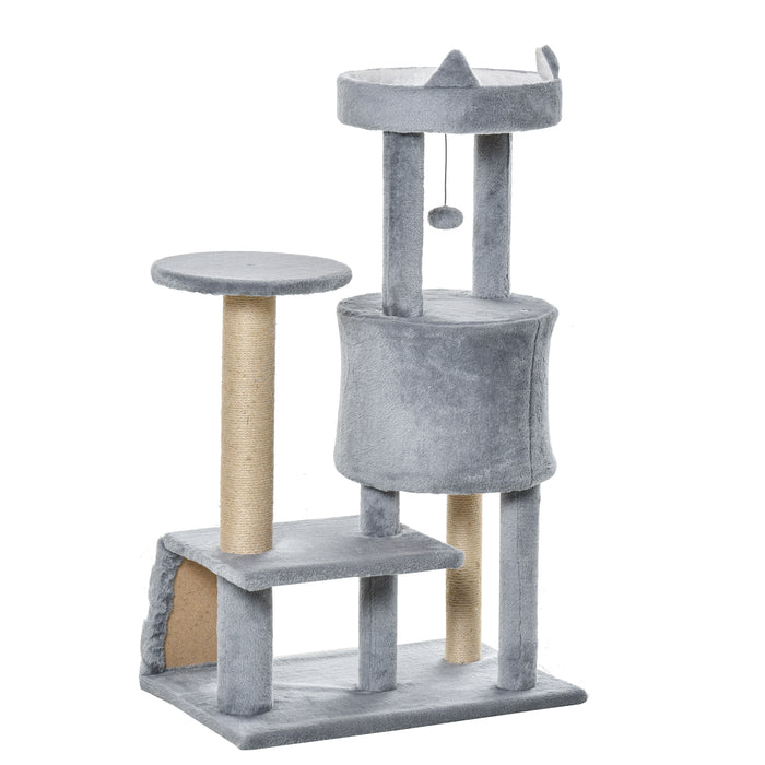 Cat Tree Tower Condo - 100cm Multi-Level Playhouse with Climbing Ladder, Scratching Post & Hanging Toy Ball - Ideal for Exercise and Relaxation for Cats in Light Grey