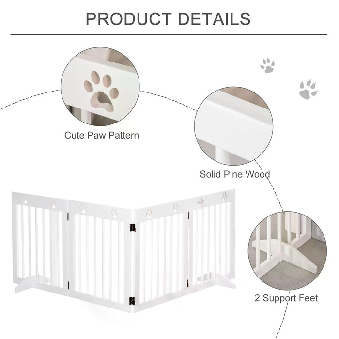 4 Panel Folding Wooden Pet Gate - Freestanding Barrier for Dogs with Support Feet - Ideal for Stair Safety and Room Separation