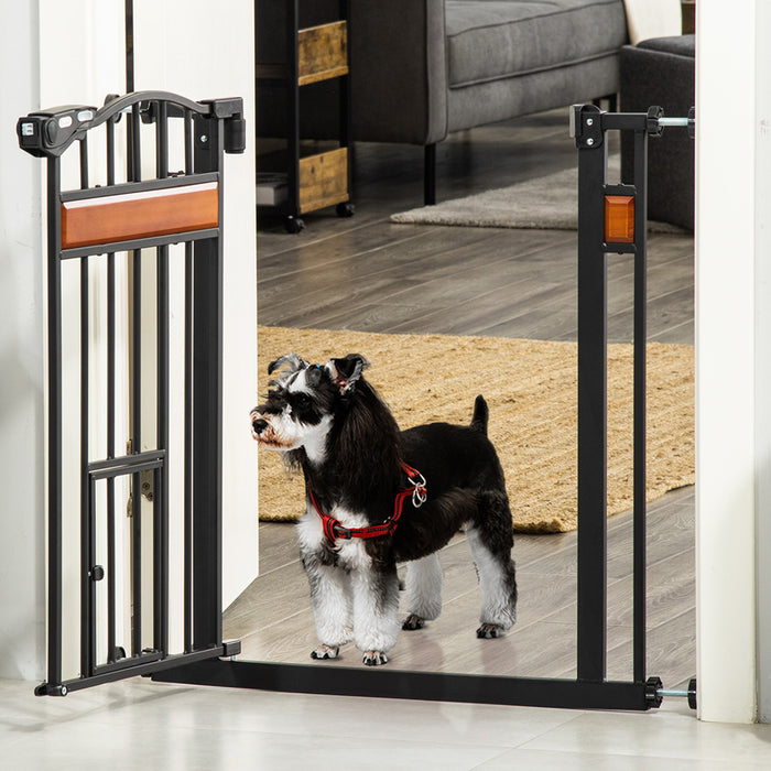 Pet Safety Gate with Cat Door - Auto-Close, Double-Locking, Decorative Pine Wood - Ideal for Doorways, Stairs, Indoor Areas, 74-80 cm Wide, Black