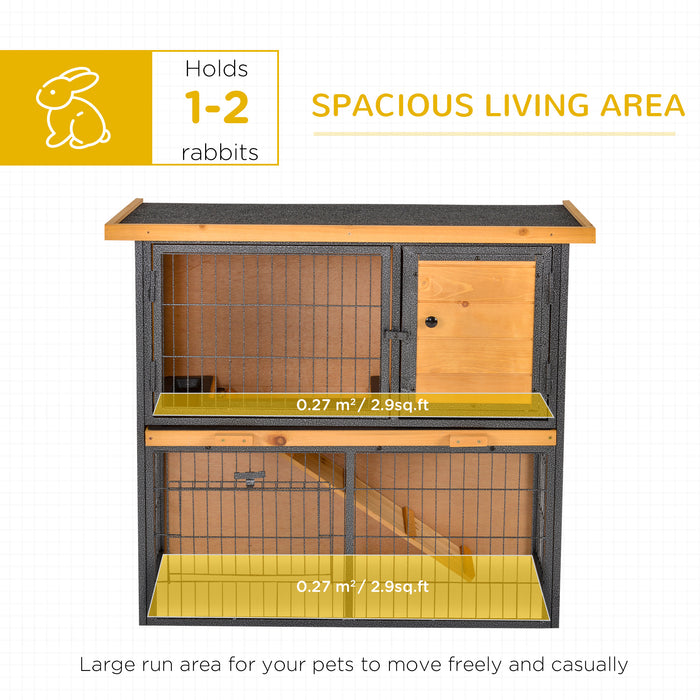 Elevated Wooden Rabbit Hutch with Metal Frame - Bunny Cage with Slide-Out Cleaning Tray, Asphalt Roof, Secure Lockable Door - Ideal for Outdoor Pet Housing and Protection