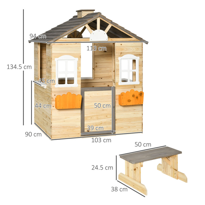 Outdoor Wooden Playhouse for Children - Working Door, Windows, Bench, Service Station, Flower Pot Holder - Ideal Garden Cottage for Kids Ages 3-7