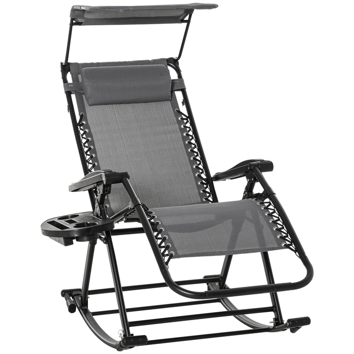 Folding Rocking Sun Lounger - Garden Recliner with Adjustable Zero-Gravity, Side Holder, Headrest for Patio Decking - Ideal for Outdoor Relaxation, Grey