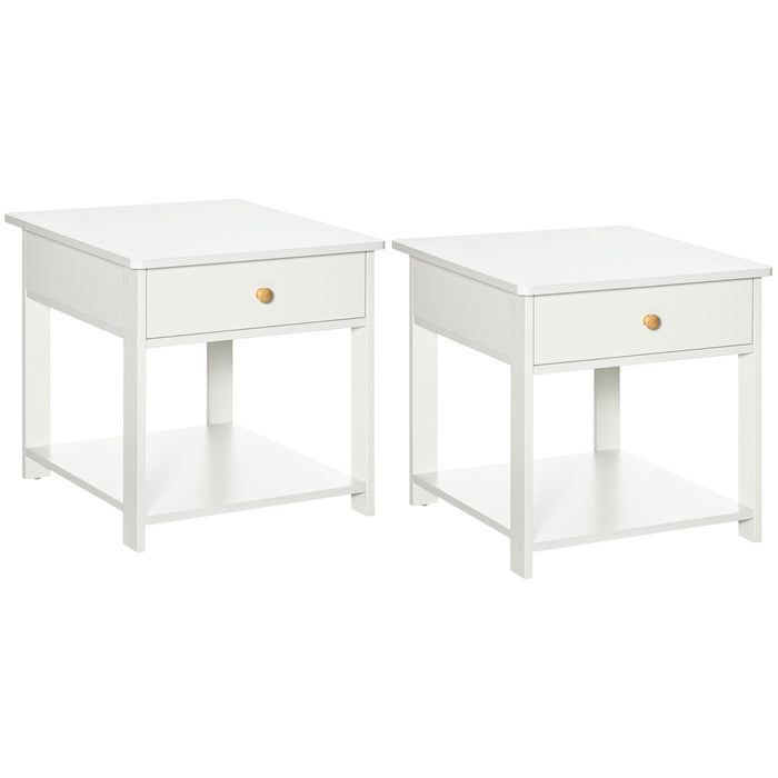 Square Bedside Table with Drawer - Elegant White Side End Table Set with Bottom Shelf for Storage - Ideal for Bedroom and Living Room Decor, Pack of 2